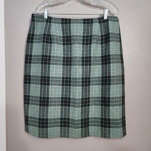 Jessica Scott Vintage Green‎ Gray Plaid Light Tweed Pencil Skirt Size 12